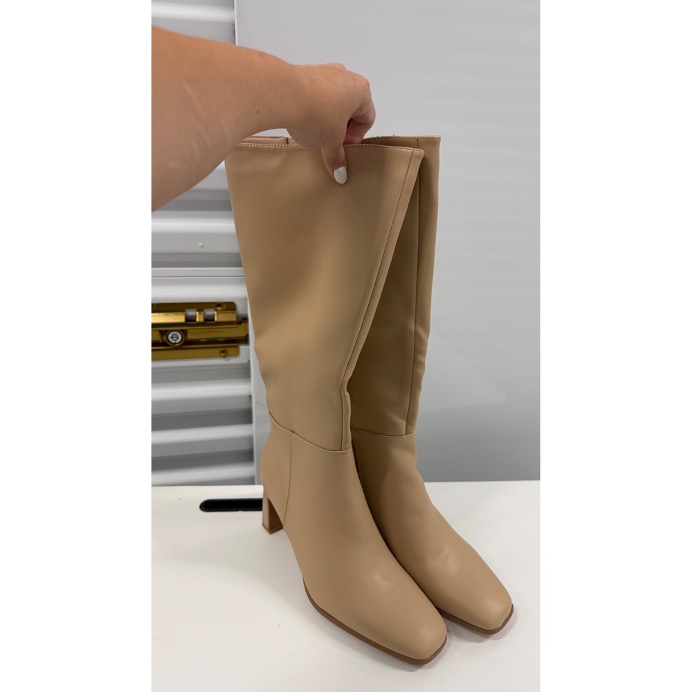 Beige Square Toe Block Heel Knee High Boots Tan Tall Side Zip Size 41 US 10,5
